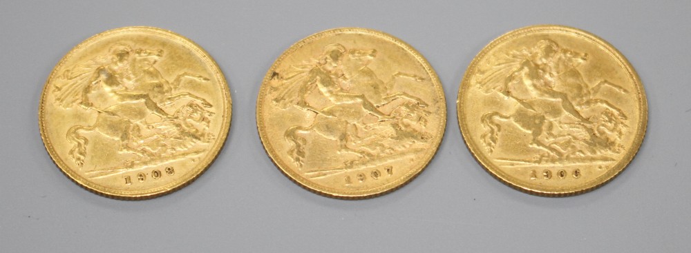 Three Edward VII gold half sovereigns, 1906, 1907 & 1908.